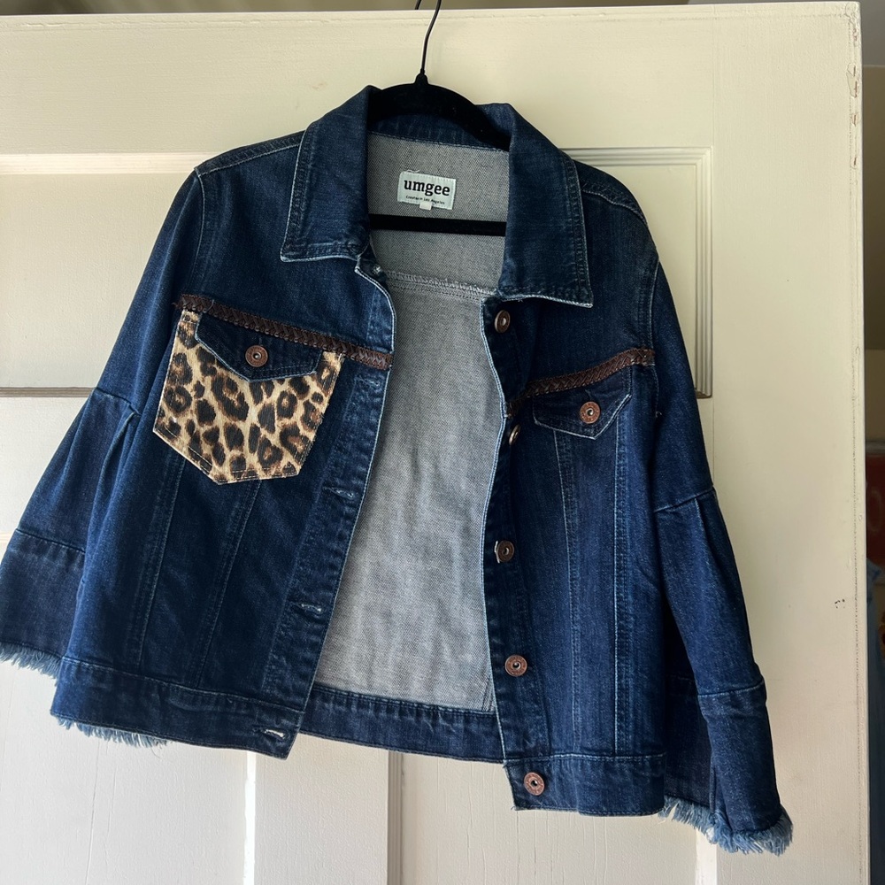 Umgee Denim Jacket with Leopard Accent